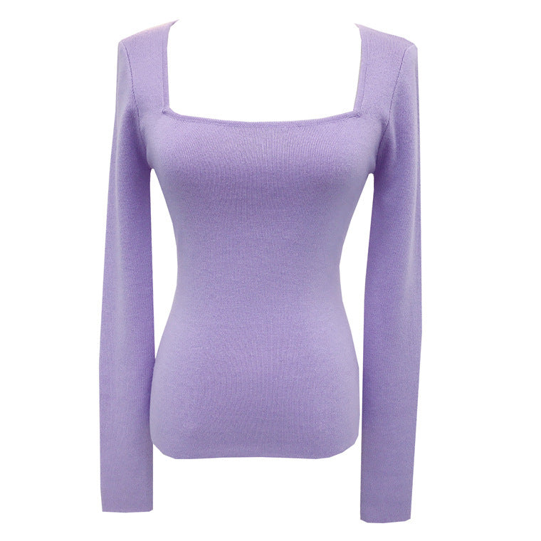 2000s fashion 7356 Autumn and Winter New 14-Pin Cashmere Hong Kong Style Retro Square Collar Leaky Collarbone Slim Slimming Sexy Sweater