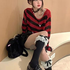 off shoulder  Ripped Ripped Mid-Length Sweater Women's Couple Striped Loose Punk Dark Sweater All-Match Sweater