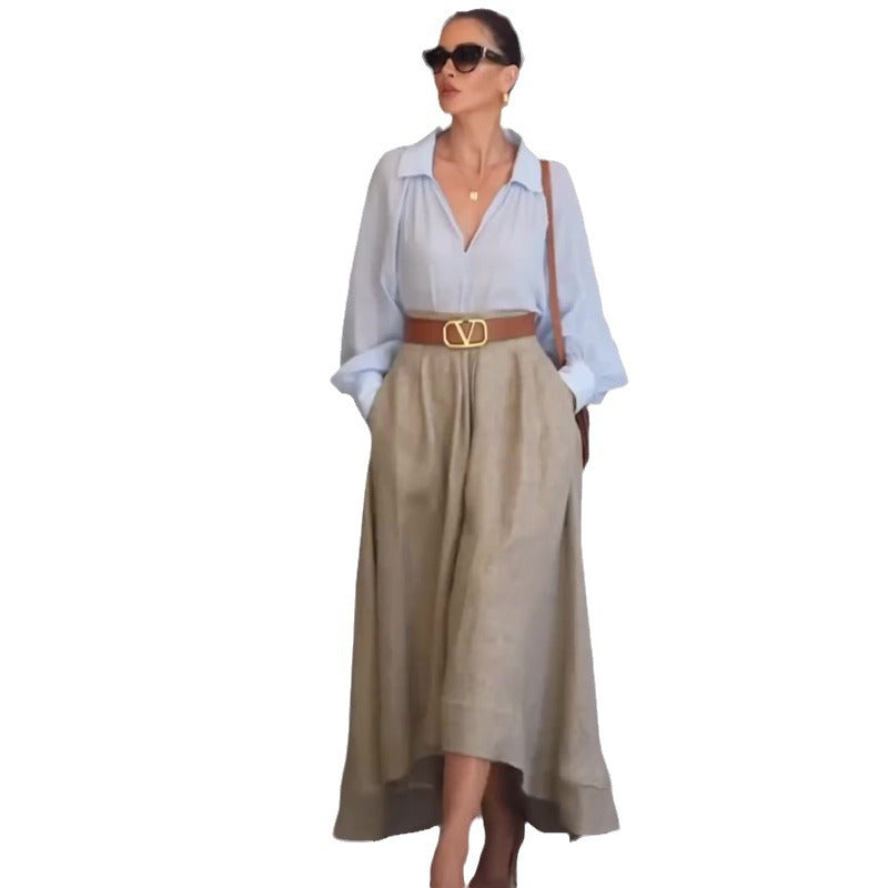 2000s fashion 2024 Autumn New Solid Color Versatile Temperament Shirt Casual Skirt Two-Piece Set