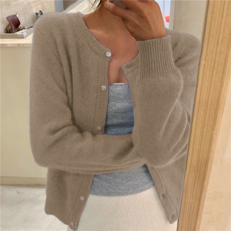 soulja boy outfits Solid Color Knitted Cardigan Single Row Long Sleeve Pullover round Neck Cardigan Coat Sweater for Women