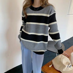 sweater Korean Style Thick Color Matching Loose Lazy round Neck Striped Sweater for Women