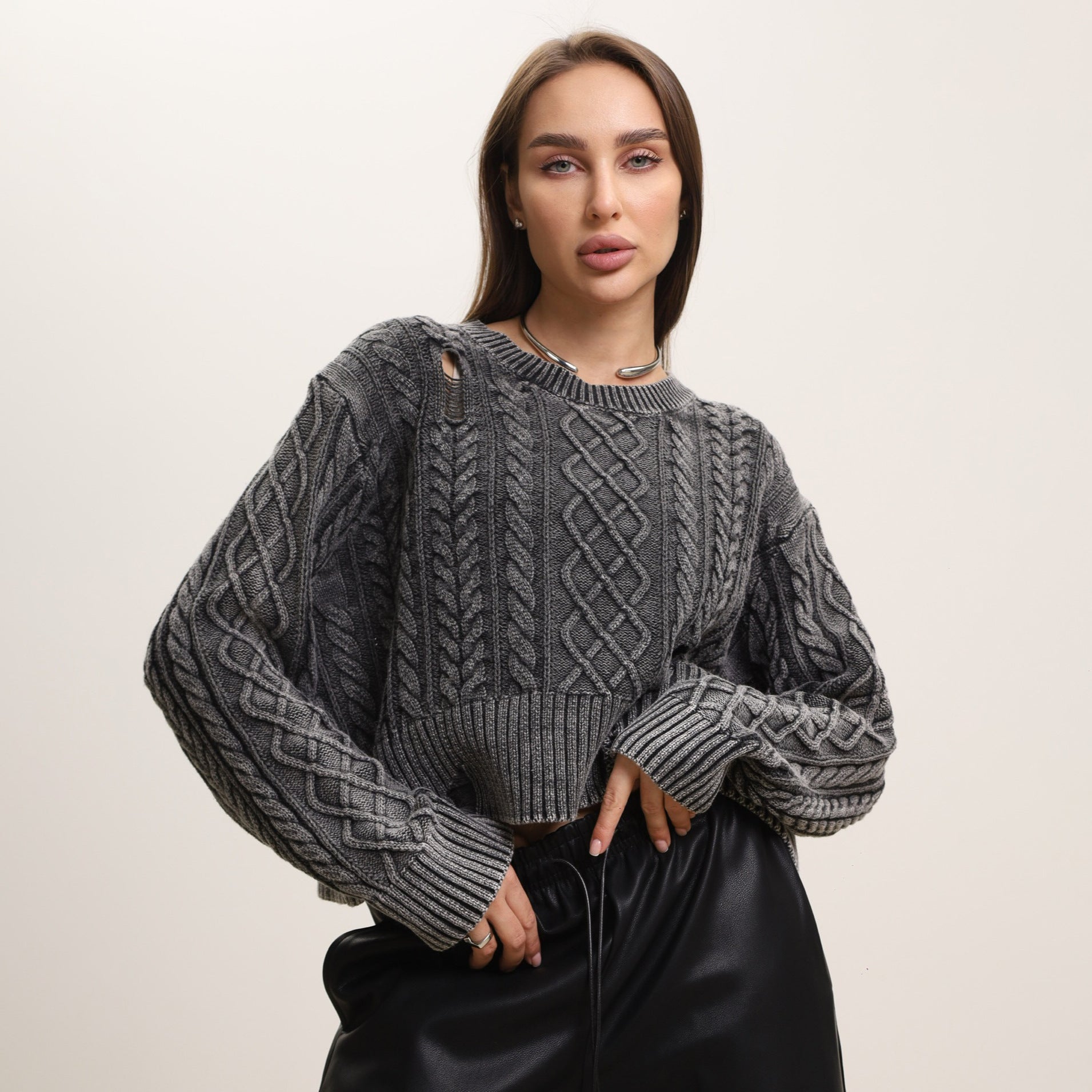 outfit inspo fall round Neck Ripped Short Navel Sweater Women's Autumn and Winter Loose Lazy Wind Outdoor Fashionable Sweater Women's Design Sense Niche Women