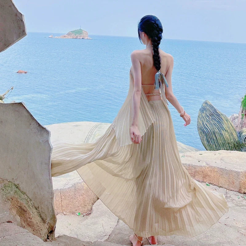 JazzHer-Seaside Vacation Dress Classy Atmosphere Photography Goddess Wear Wide Hem Flowy Fairy Suit Skirt