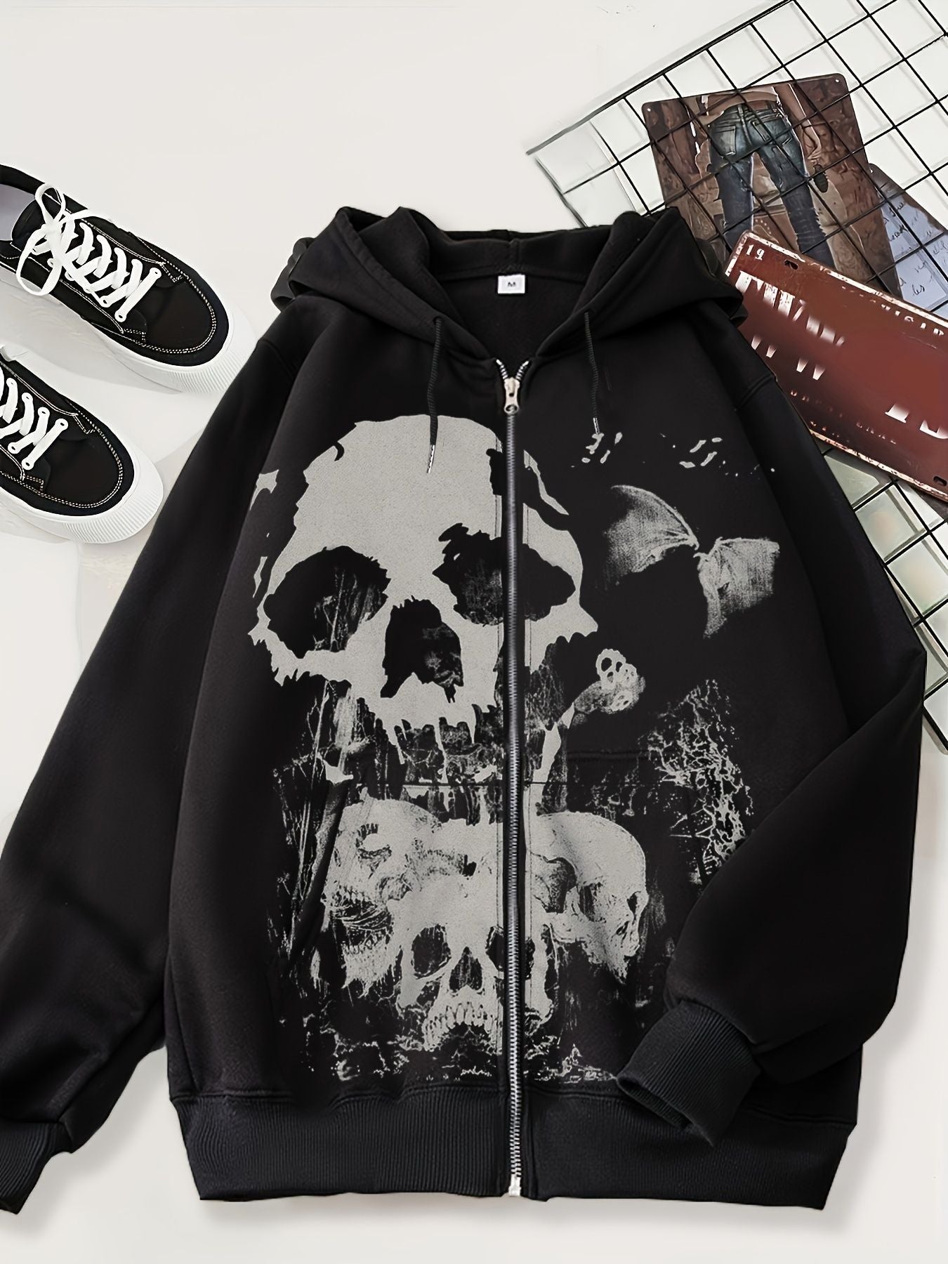 hipster 2024 New Cardigan Sweater Dark Skull Casual American Zipper Men's Style Hoodie Black Trendy Black Coat