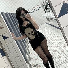 outfit inspo CF700 Summer 2024 New Hot Girl Short Skirt Style Dark Personalized Skull Printed Suspender Skirt for Women