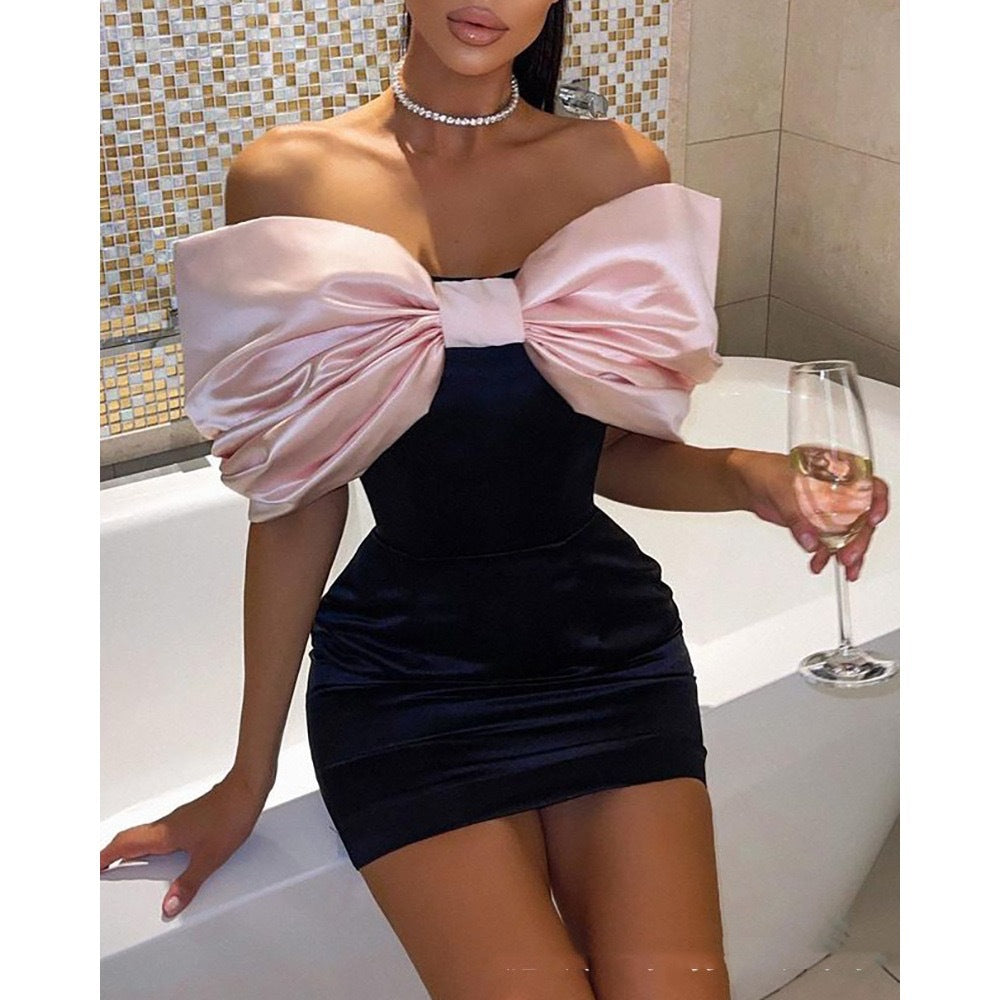 birthday outfits New Women's off-Shoulder Bow Sheath Dress Short Skirt Sexy Backless Tight Dress