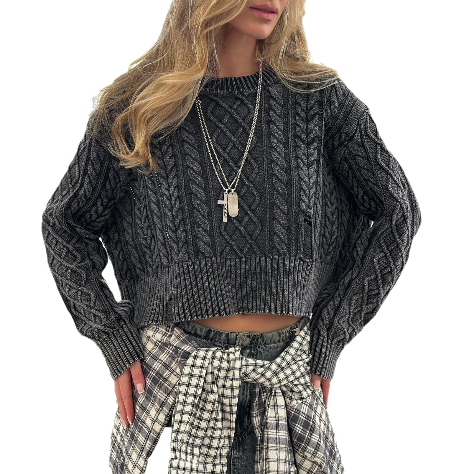 outfit inspo fall round Neck Ripped Short Navel Sweater Women's Autumn and Winter Loose Lazy Wind Outdoor Fashionable Sweater Women's Design Sense Niche Women