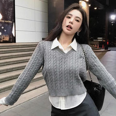 outfit ideas for school Autumn New Solid Color Long-Sleeved Sweater Short Pullover Fake Two-Piece Twist Embroidered V-neck Sweater for Women