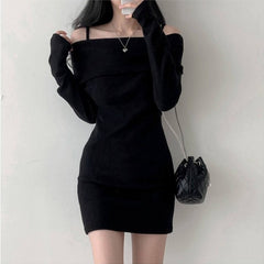 off shoulder off-Shoulder Knitted Sling Dress Women's Autumn and Winter 2024 New Pure Sexy off-Shoulder Rib Waist Hip Skirt