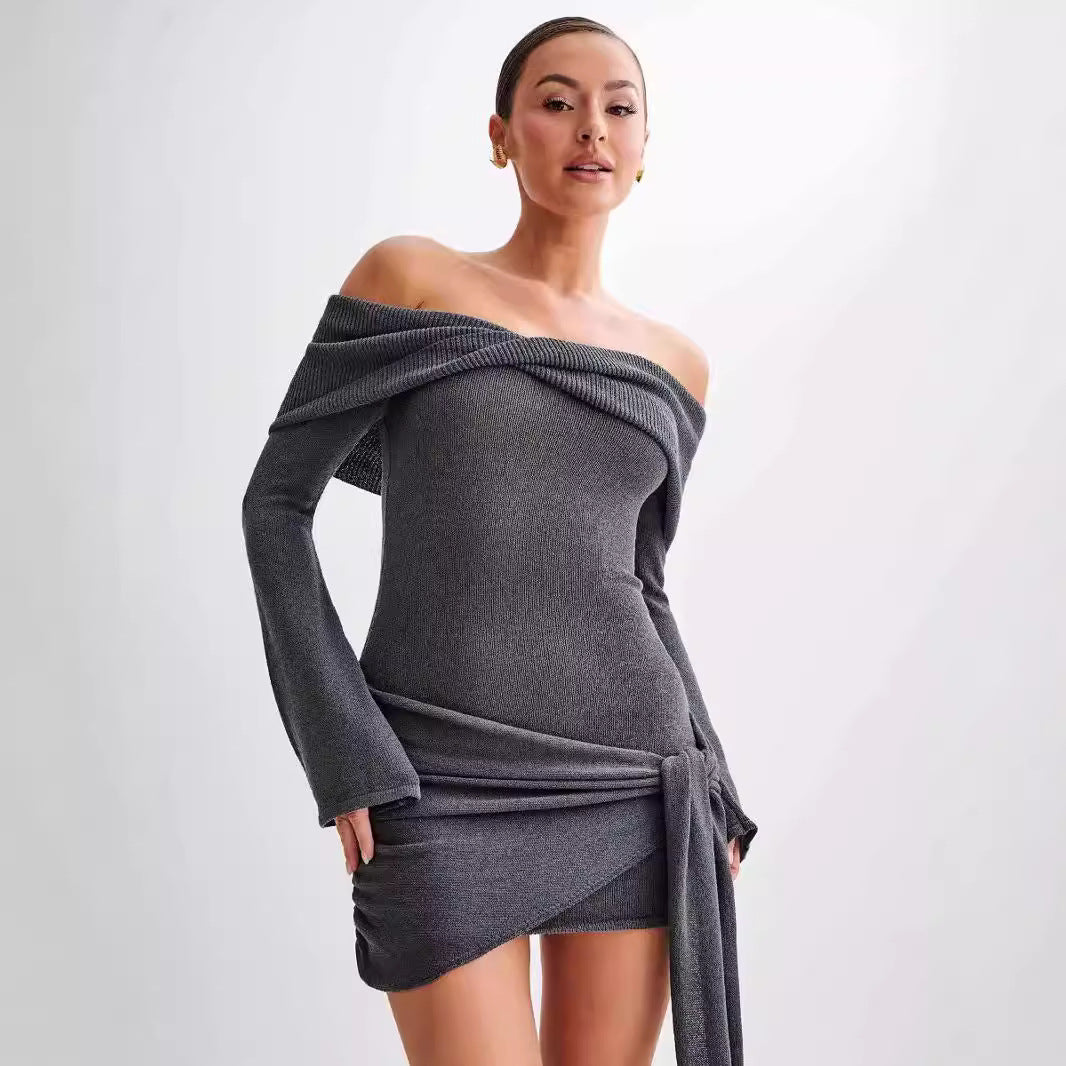 birthday outfits Sweater Dress Knitted off-Shoulder Irregular Strap Sweater Evening Dress