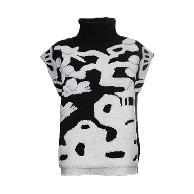 JazzHer 2024 Fall Fashion Black And White Turtleneck Courtyard Sleeveless Sweater