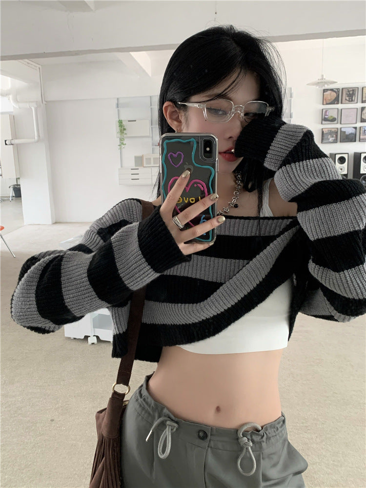 off shoulder  Retro off-Shoulder Short Striped Sweater Women's Autumn New Long Sleeve off-Shoulder Sweater Top