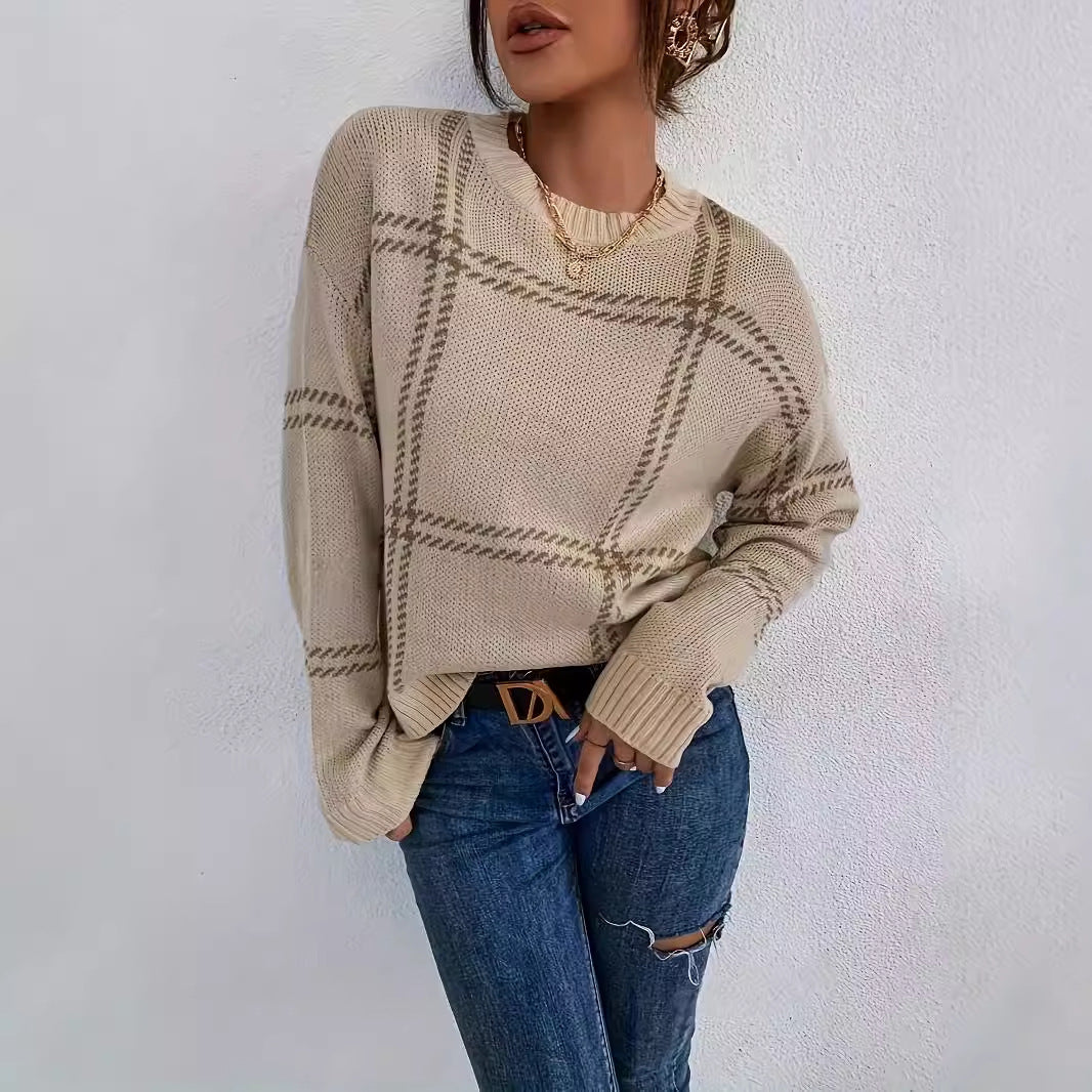 sweater 2024 Autumn and Winter New Fashion Plaid Casual round Neck Knitted Pullover