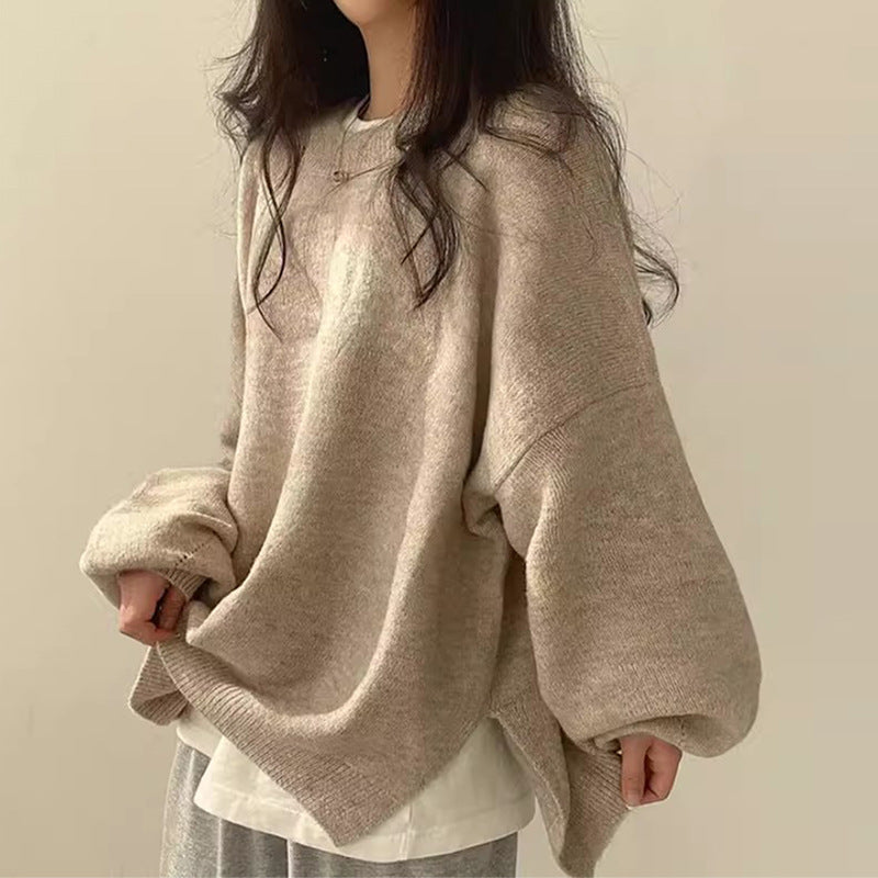 soulja boy outfits Chic Autumn and Winter French Style Lazy round Neck Side Slit Loose Casual All-Match Long Sleeve Warm Knitted Sweater