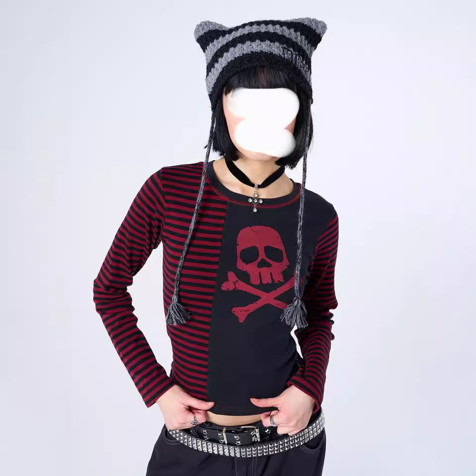 2024 Autumn New Dark Style Women's Striped Long Sleeve Stitching Skull Printed Punk Short T-shirt