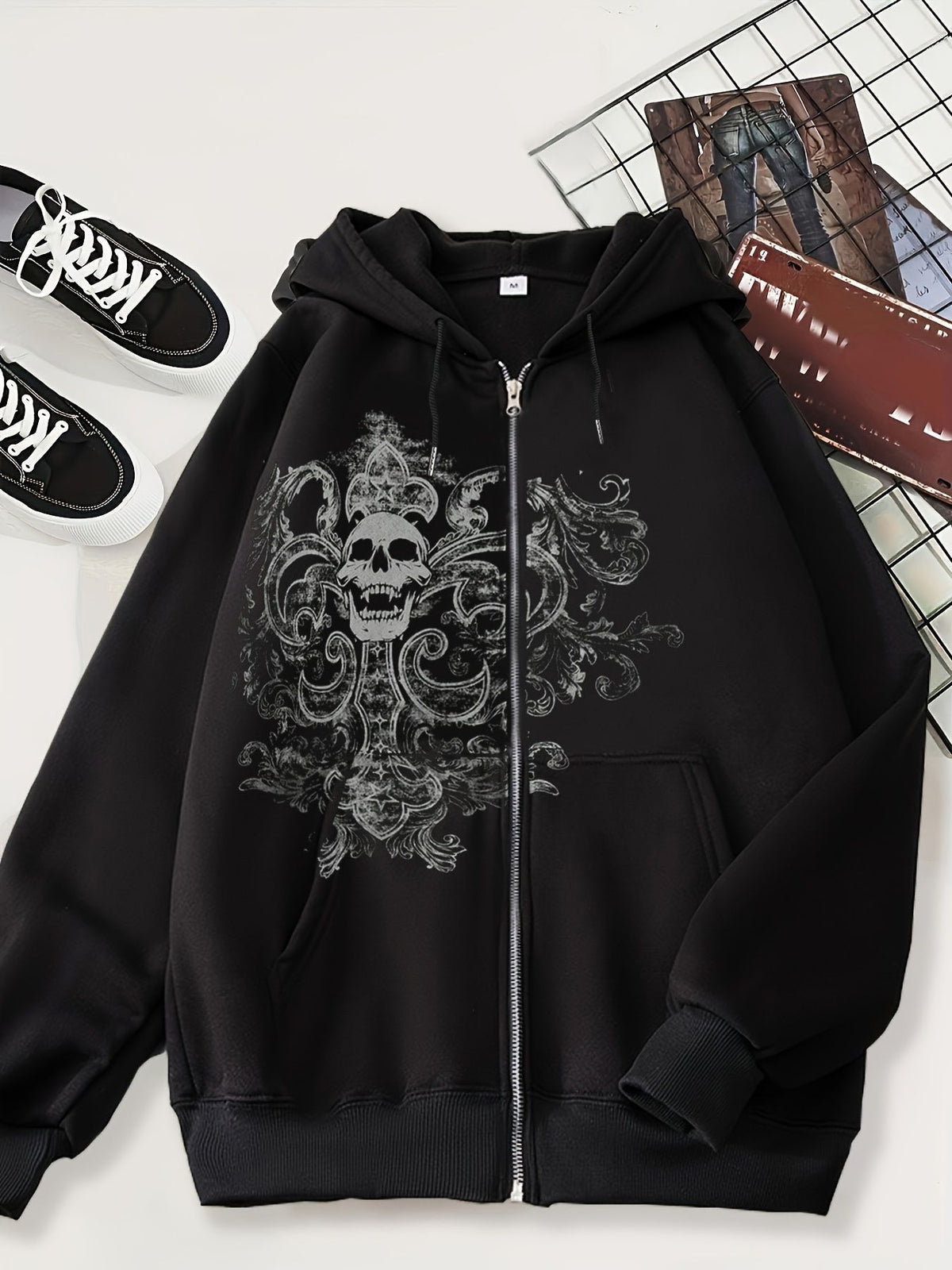 hipster 2024 New Cardigan Sweater Dark Skull Casual American Zipper Men's Style Hoodie Black Trendy Black Coat