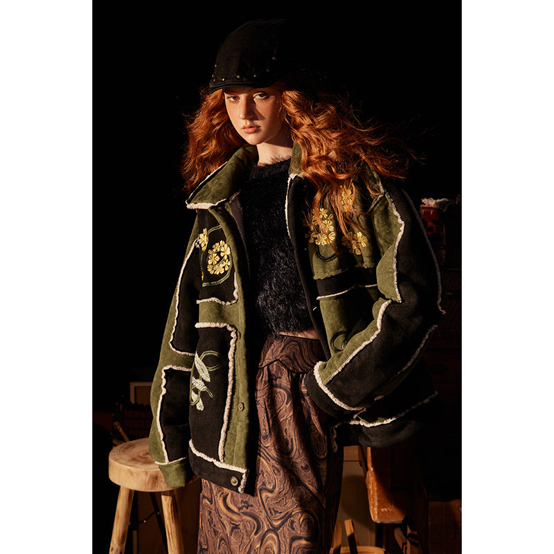 2000s fashion American Contrast Color Stitching Suede Floral Embroidered Lapel Lamb Wool Cotton-Padded Coat Thickened Warm Cotton-Padded Coat