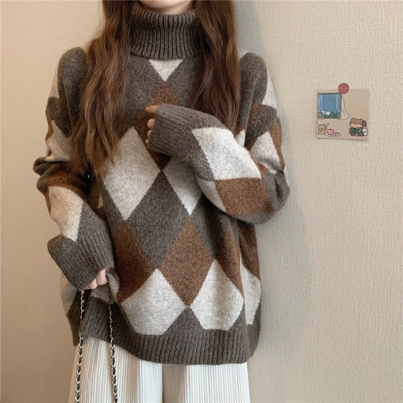 sweater Spring and Autumn New Korean Style Retro Lazy Style Diamond Plaid Color Matching Thickened Warm Loose Turtleneck Sweater for Women