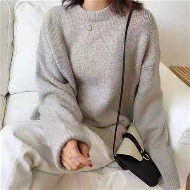 men fall outfits casual Gray Sweater Women's Autumn and Winter Loose Retro Hong Kong Style Lazy Style round Neck Pullover Top Thick Thread Outer Wear Sweater Women