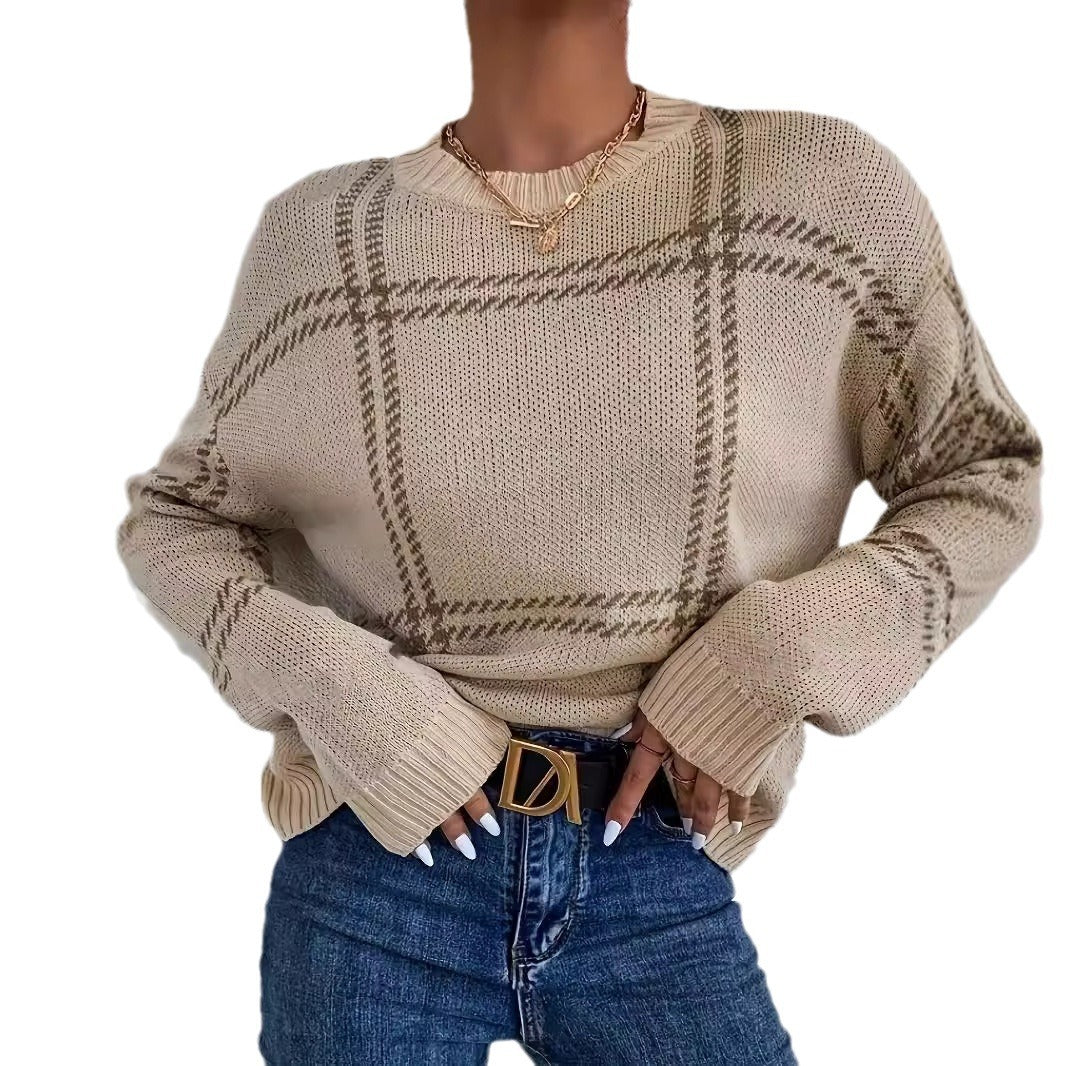 sweater 2024 Autumn and Winter New Fashion Plaid Casual round Neck Knitted Pullover