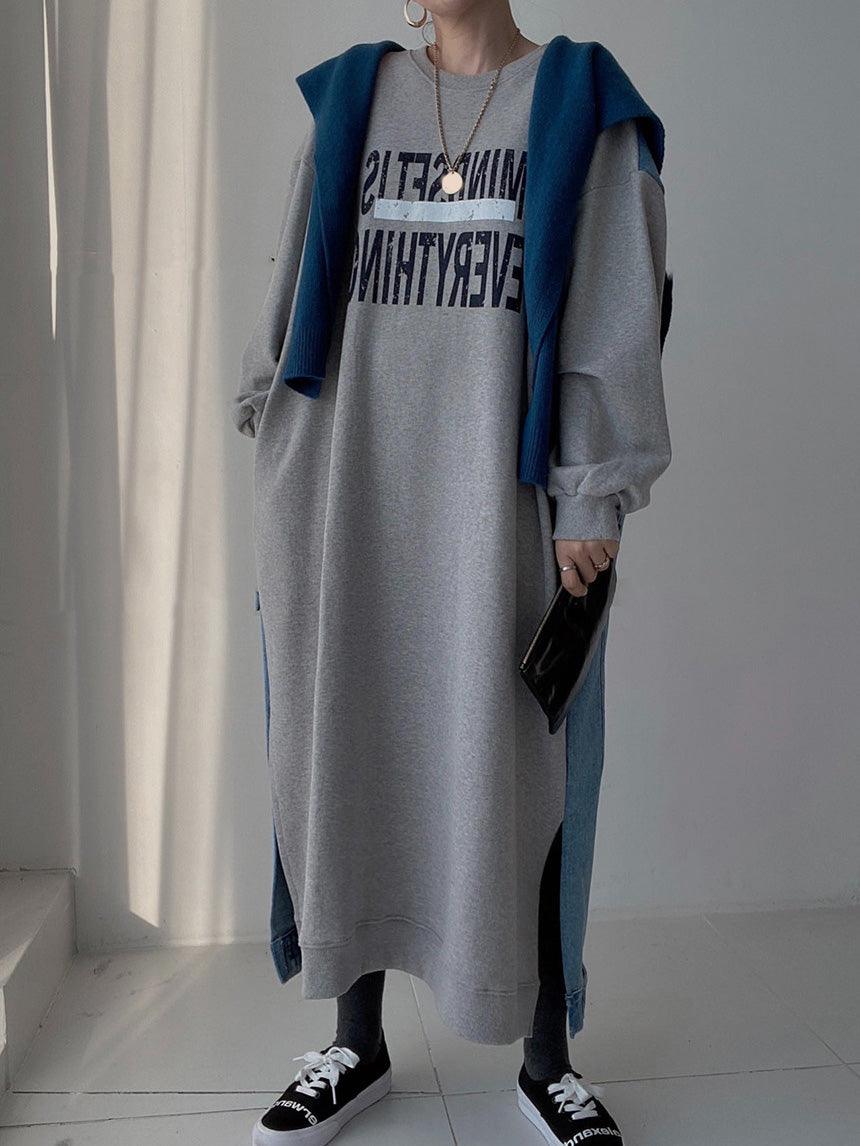 JazzHer 2024 Fall Fashion Simple Letter Print Denim Splt-joint Long Sleeve Sweatshirt Dress