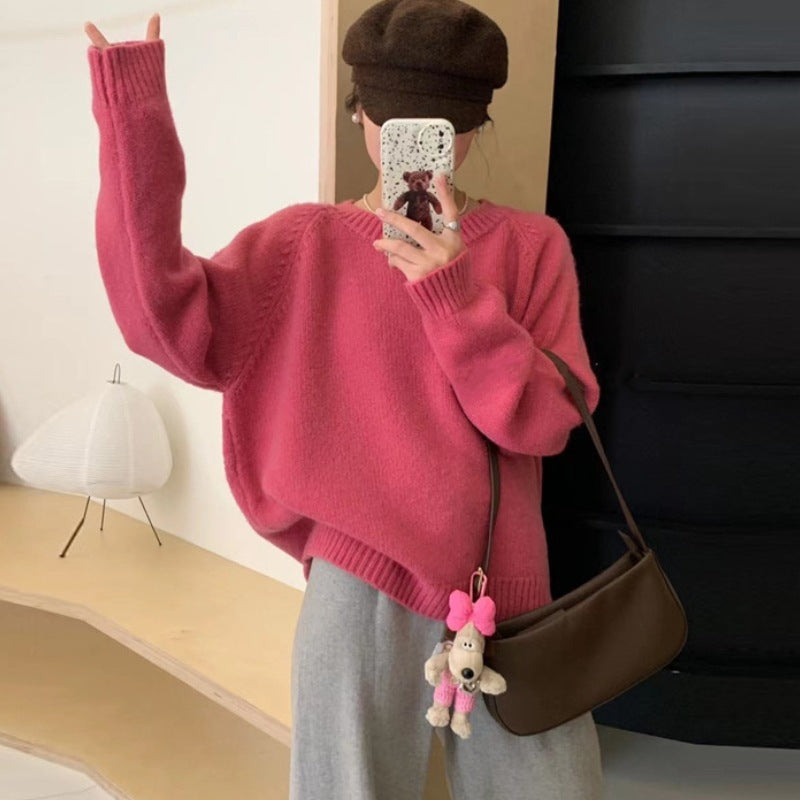 winter outfits men Orange round Neck Leather Standard Pullover Women's Autumn and Winter Korean Style High-Grade Loose Lazy Slimming Knitted Top