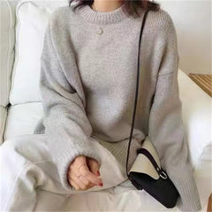 dti outfits Gray Sweater Women's Autumn and Winter Loose Retro Hong Kong Style Lazy Style round Neck Pullover Top Thick Thread Outer Wear Sweater Women