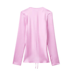 classy outfits men Women's 2024 New French Elegant Silk Satin Texture Lace-up Bow Decoration Long Sleeve V-neck Solid Color Shirt