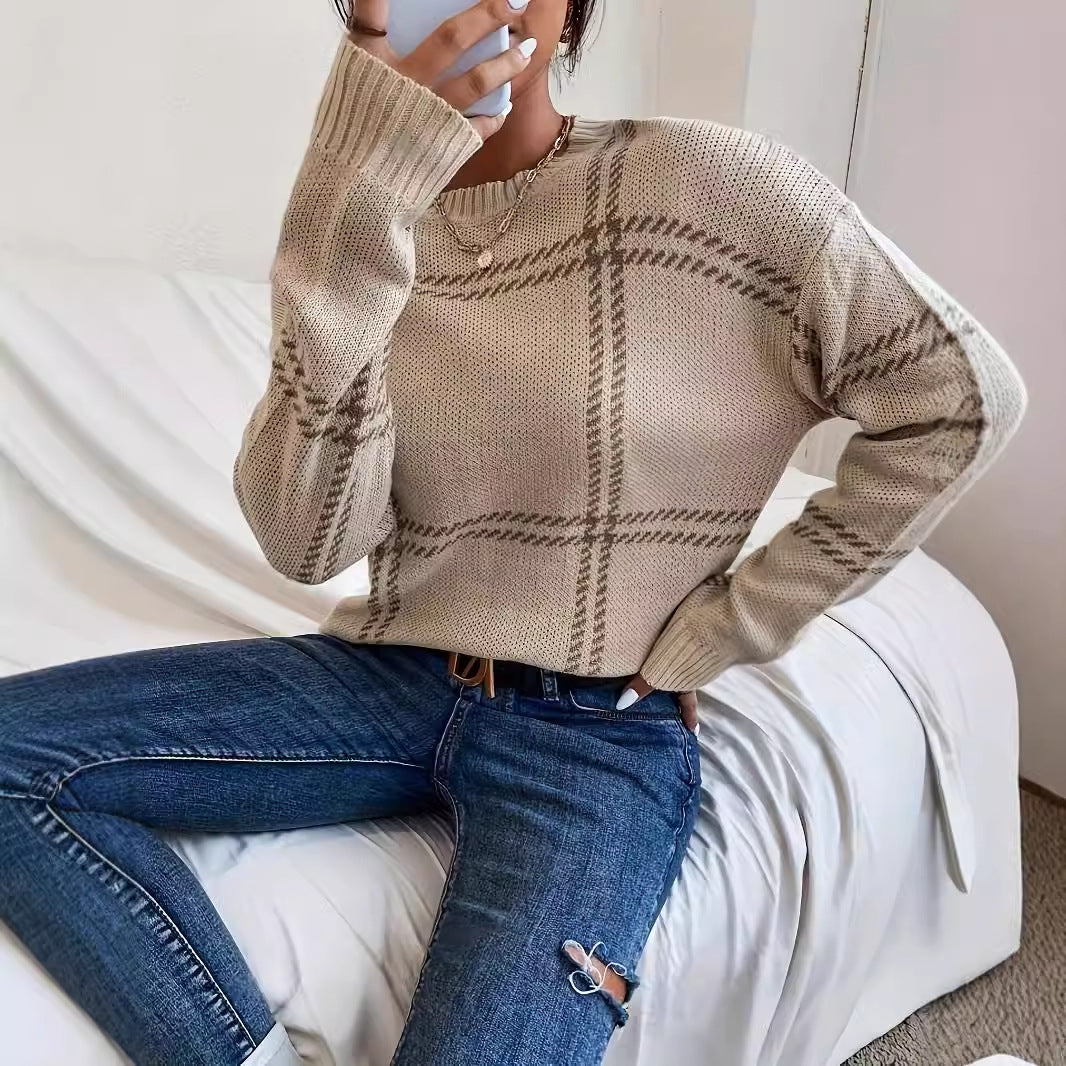 sweater 2024 Autumn and Winter New Fashion Plaid Casual round Neck Knitted Pullover