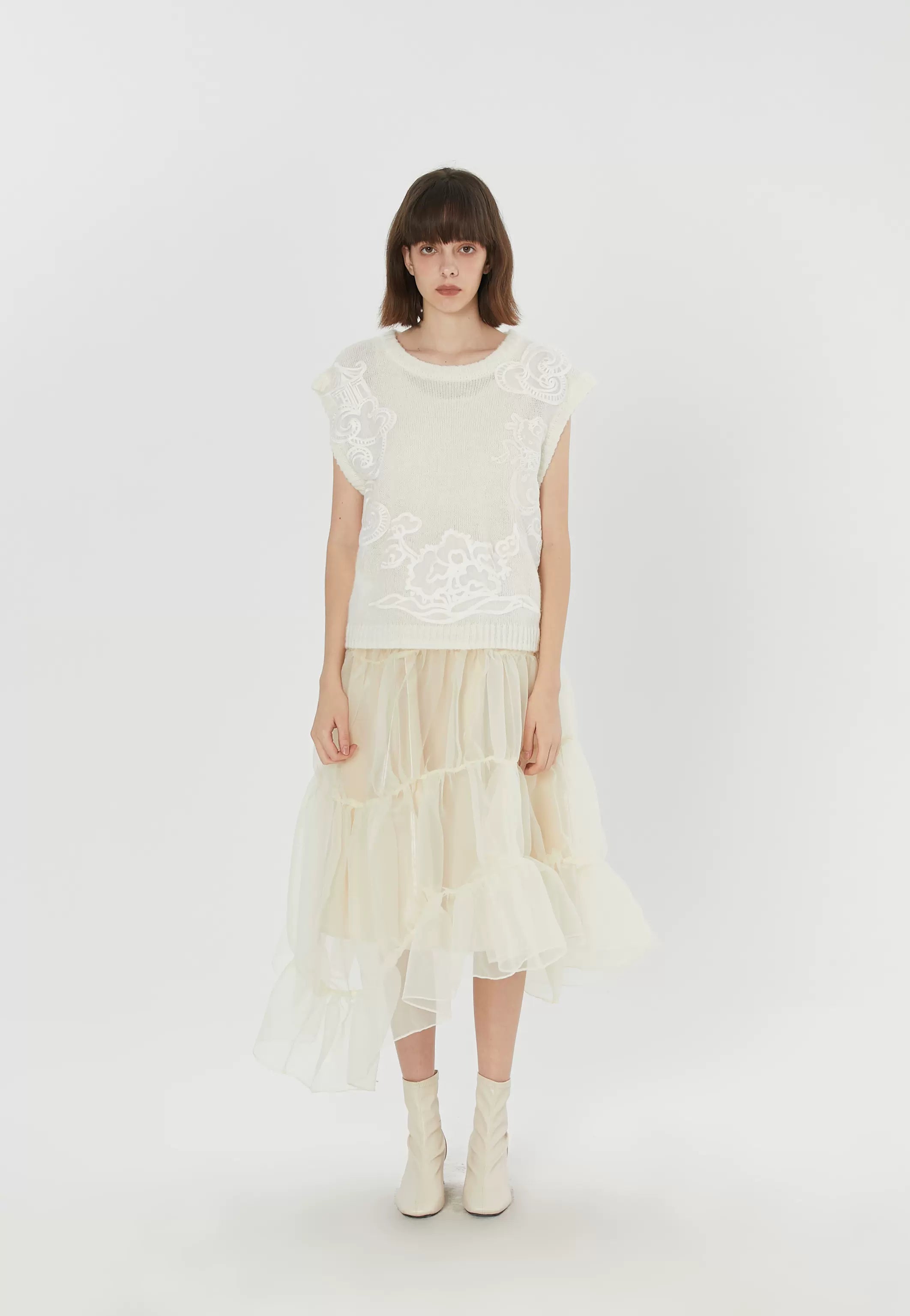 Jazzher Apricot Seersucker Pleated Irregular Skirt