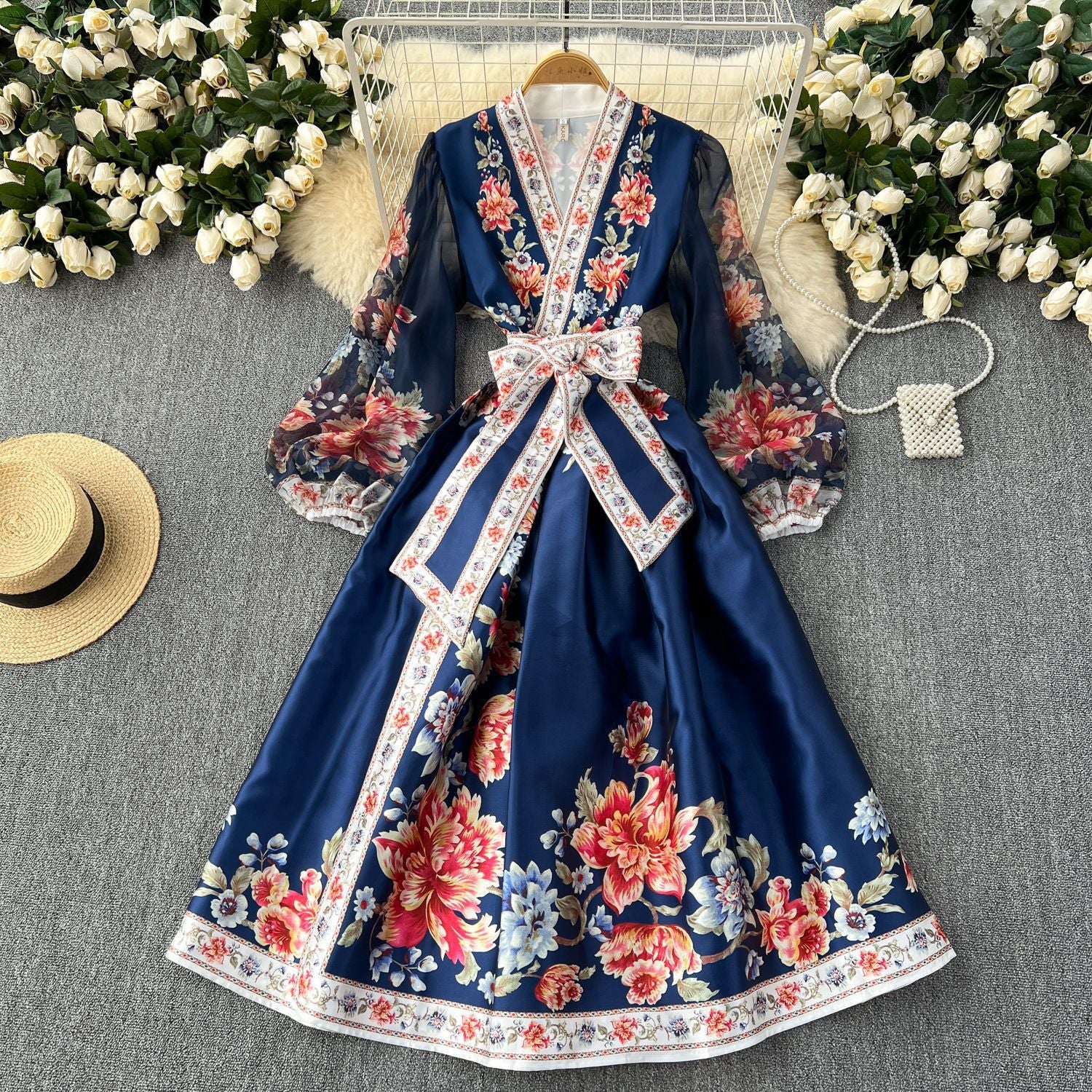 pop culture dress to impress French Retro Elegant Dress Women's High-Grade Court Style Printed Lace-up Waist-Tight Elegant Dress Long Skirt