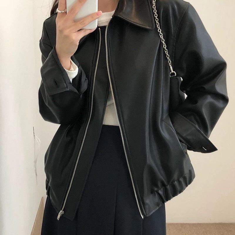 harajuku fashion dress to impress Handsome Lapel Zipper Design Loose Casual Chic Autumn Personality Long Sleeve Motorcycle Clothing Leather Coat for Women