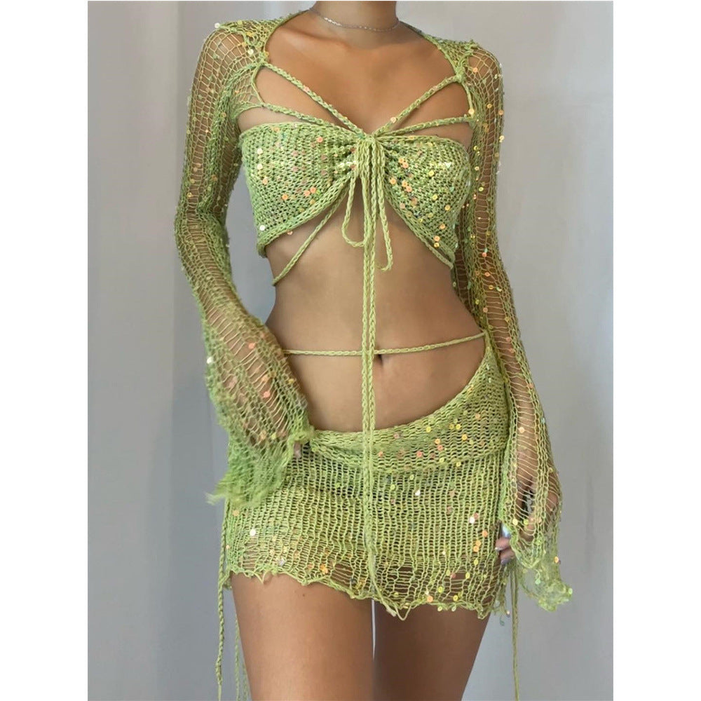 JazzHer Lace Up Crochet Knit Two Piece Set