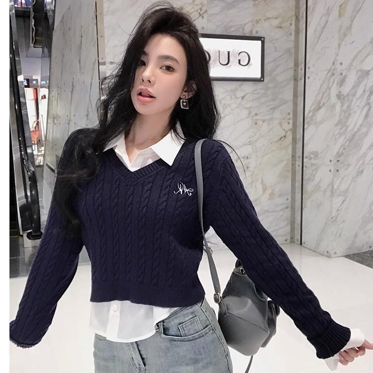 outfit ideas for school Autumn New Solid Color Long-Sleeved Sweater Short Pullover Fake Two-Piece Twist Embroidered V-neck Sweater for Women