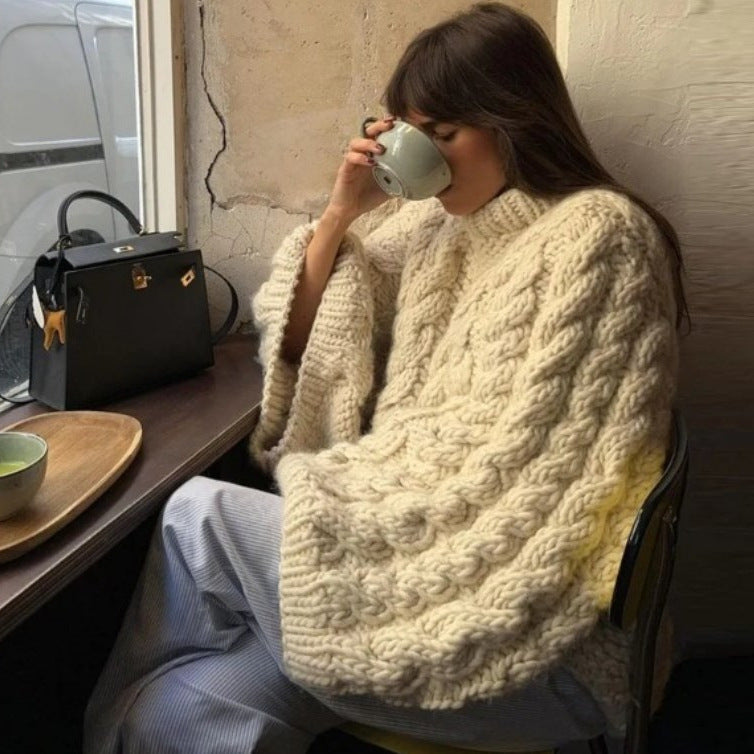 church outfit Ins American Knitted Pullover Women's Casual Lazy round Neck Solid Color Loose All-Match Sleeve Sweater