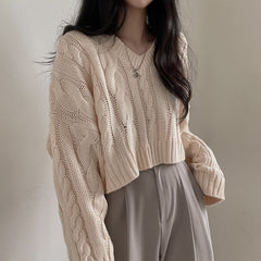 sweater Chic Vintage Twist Thick Needle Short Outer Sweater V-neck Loose Pullover Long Sleeve Inner Sweater for Women