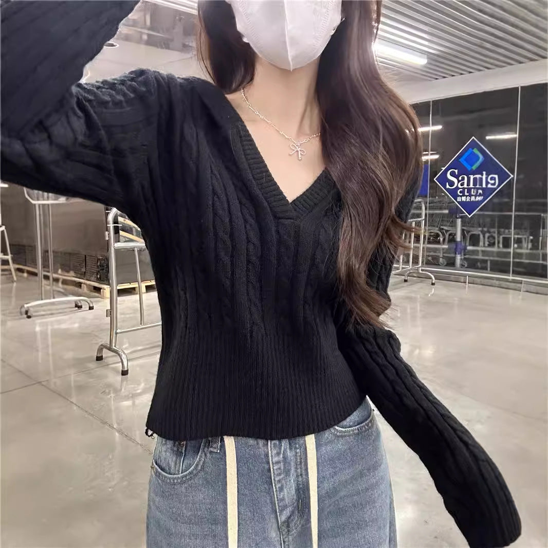 classy outfits men Autumn Women's Mishen Hooded Twist Sweater Women's Autumn Short V-neck Tight Waist Sweater Pullover Top