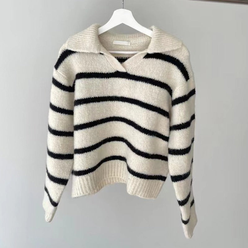 JazzHer 2024 Fall Fashion Lapel Contrast Striped Sweater