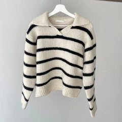 JazzHer 2024 Fall Fashion Lapel Contrast Striped Sweater