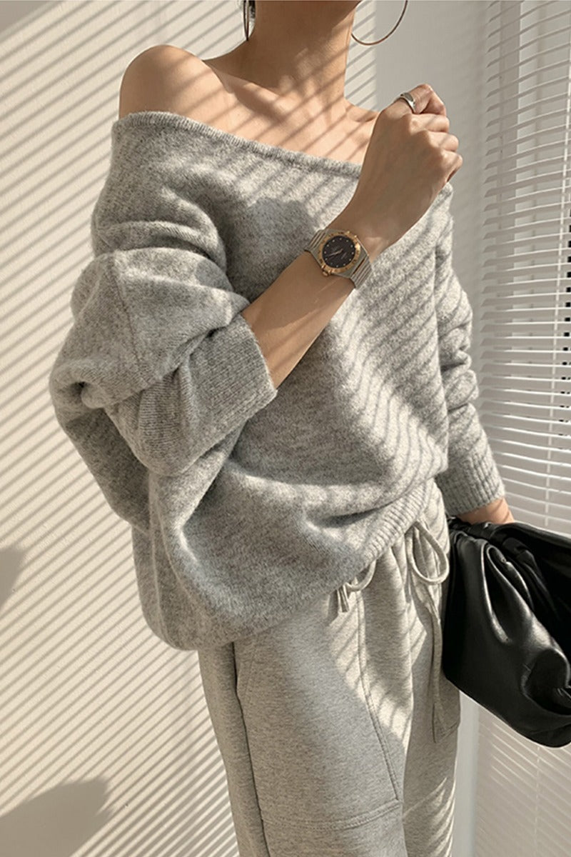 JazzHer 2024 Fall Fashion One-shoulder Loose Long-sleeved Knitted Sweater