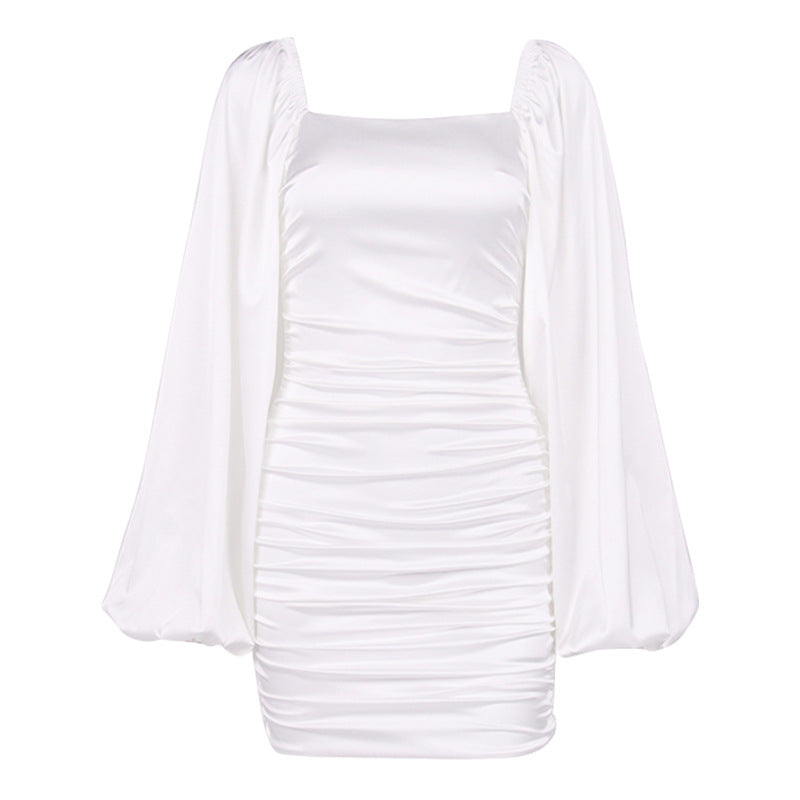 white dress Summer Women's Sexy Satin Square Collar Backless Lantern Sleeve Pleated Skirt Dress