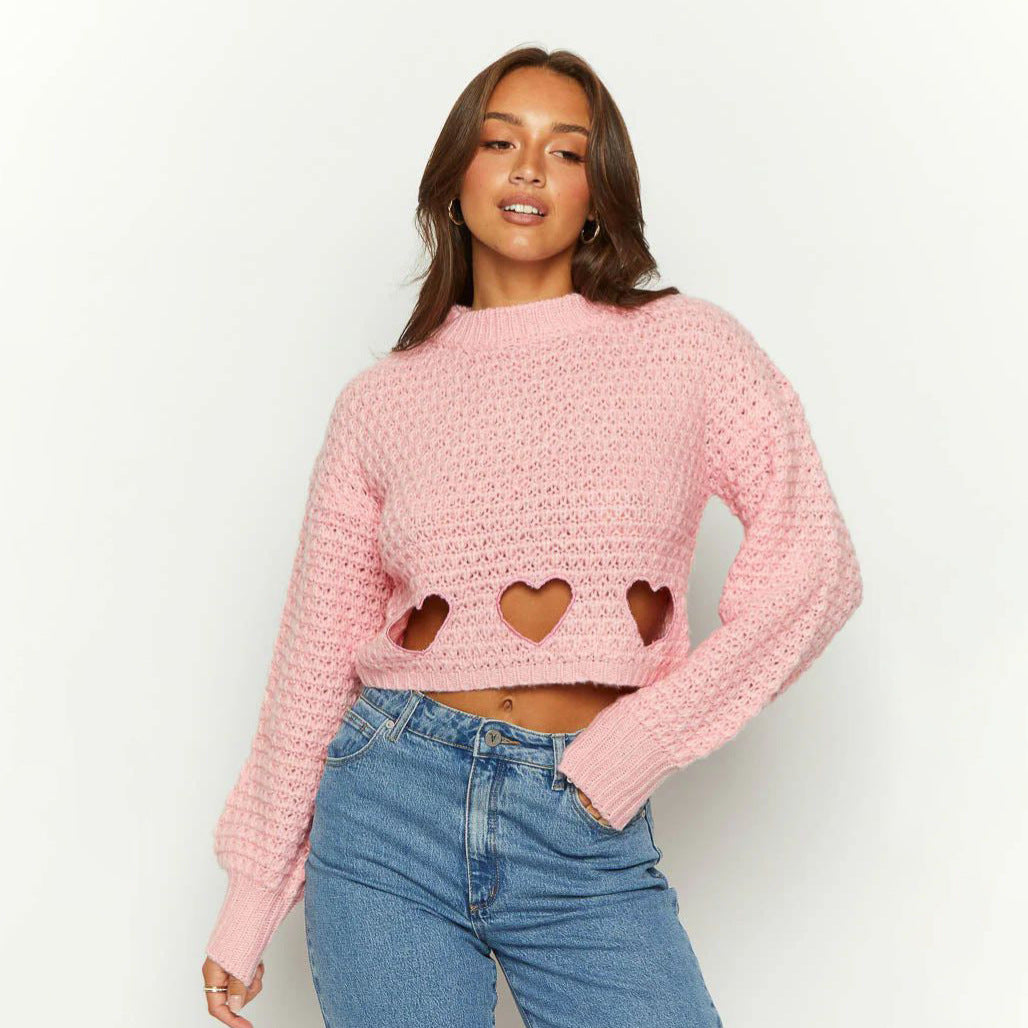 sweater round Neck Short Hollow Top Women's Design Fashionable Drawstring Heart Hollow Sweater Blouse Pullover Loose Niche