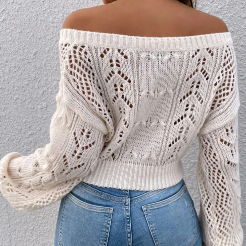 off shoulder  Spring Women's Sweater Short Solid Color Hollow-out off-Shoulder Sweater