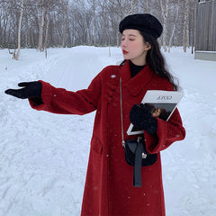 construction worker costume Double-Sided Wool Coat 2024 Autumn and Winter Red Long Vintage Wedding Woolen Coat