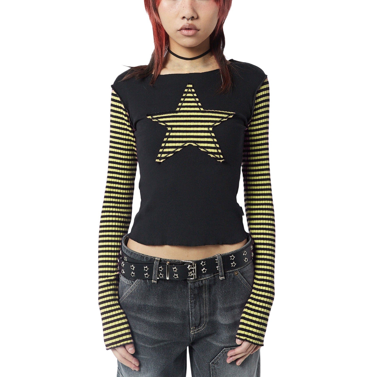 90s streetwear Y2K Star Striped Sweet Cool Women's Long Sleeve Striped Stitching T-shirt Five-Pointed Star Embroidered Casual Top 3324