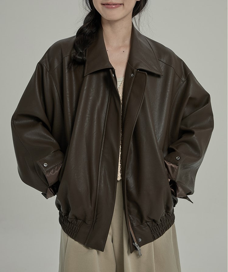 bomber jacket Haveice Restaurant Classic Entry Style Sweet Cool Girl Autumn Simple Draped Soft Jacket Leather Coat