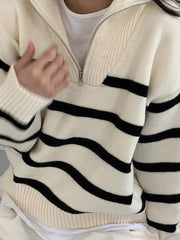 JazzHer 2024 Fall Fashion Lapel Zip Stripe Loose Long Sleeve Pullover Knit Sweater