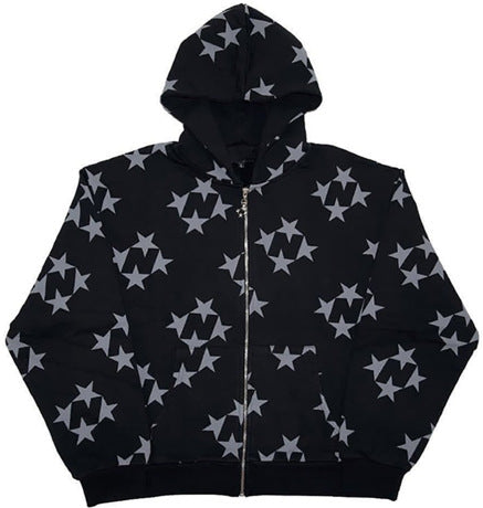 Jazzher 90s streetwear Star Print Hooded Cardigan Zipper Loose Men's and Women's Fashion Brand Sweater Coat FN