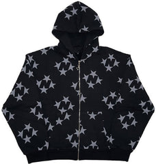 Jazzher 90s streetwear Star Print Hooded Cardigan Zipper Loose Men's and Women's Fashion Brand Sweater Coat FN