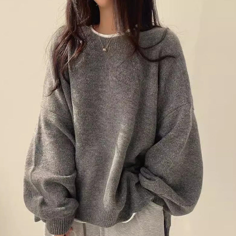 soulja boy outfits Chic Autumn and Winter French Style Lazy round Neck Side Slit Loose Casual All-Match Long Sleeve Warm Knitted Sweater